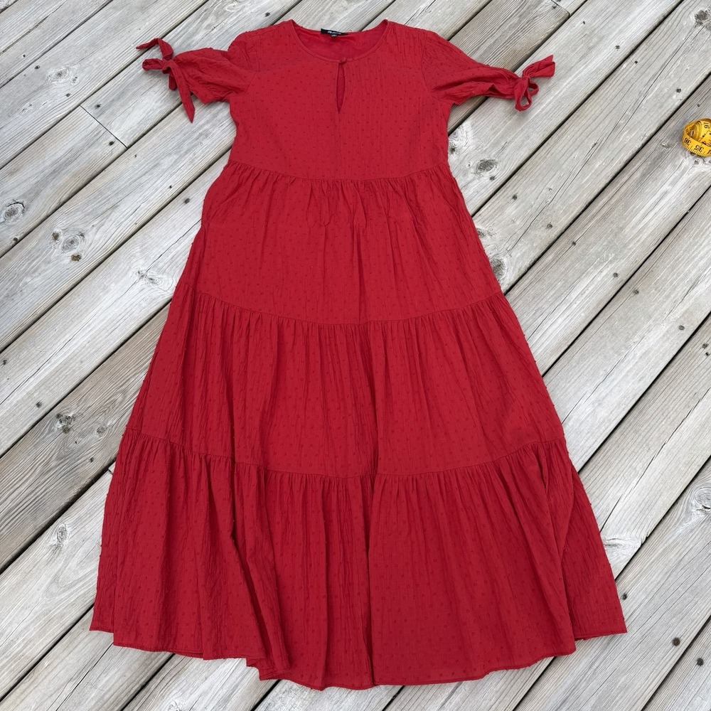 Madewell Tie Sleeve Tiered Midi Dress XS Red Swiss Dot Cotton Boho AL313